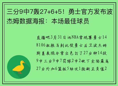 三分9中7轰27+6+5！勇士官方发布波杰姆数据海报：本场最佳球员