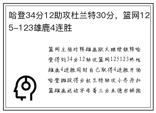 哈登34分12助攻杜兰特30分，篮网125-123雄鹿4连胜