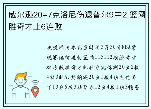 威尔逊20+7克洛尼伤退普尔9中2 篮网胜奇才止6连败